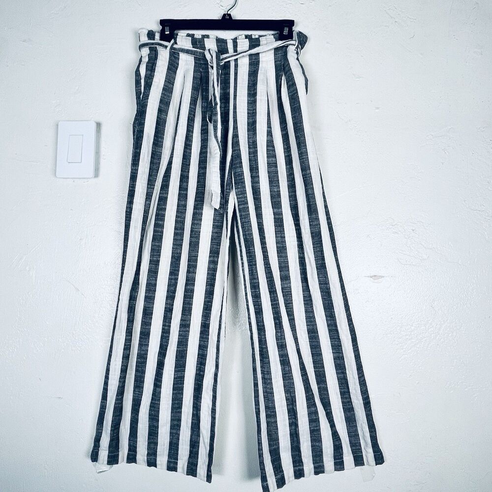 Indigo Rising Linen Cotton Wide Leg Pants Striped Belted Women’s M - Picture 2 of 12